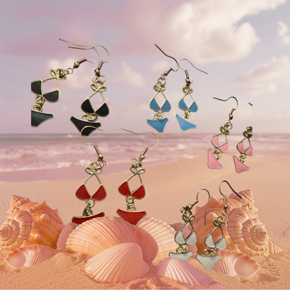 New Handmade Bikini Earrings 2” choose from Black, White, Blue, Pink or Red